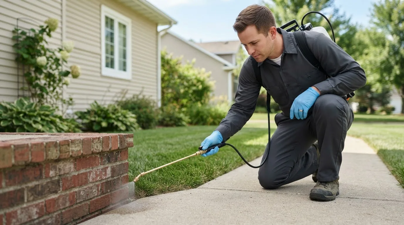 Pest control technician treating a home near Chicago, IL